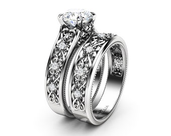 Vintage White Gold Engagement Ring Set with Matching Band Moissanite Art Deco Engagement Ring Set