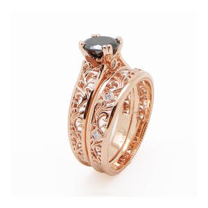 Black Diamond Engagement Ring Set: 14K Rose Gold Filigree Rings