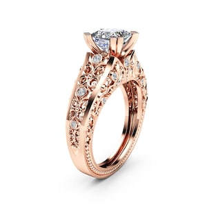 Square Moissanite Engagement Ring 14K Rose Gold Ring Unique Princess Cut Moissanite Filigree Engagement Ring