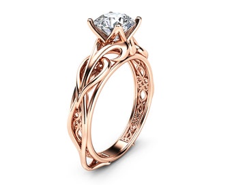 Solitaire Moissanite Engagement Ring 14K Rose Gold Moissanite Ring Swirl Design Engagement Ring