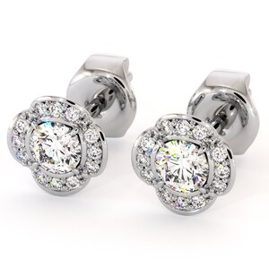 Classic Floral Halo Stud Earrings 14K White Gold Natural Diamonds Earrings
