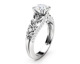 Unique Laboratory Diamond White Gold Engagement Ring Flowing Lines Diamonds Ring