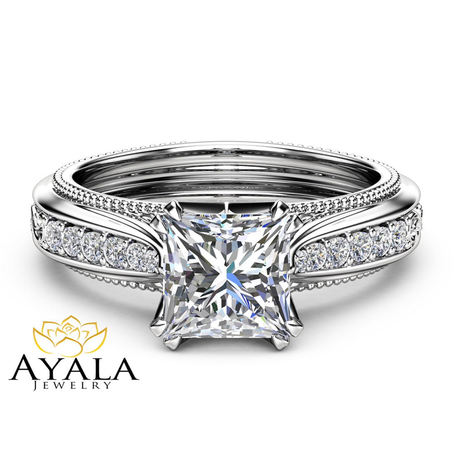 Victorian Moissanite Engagement Ring 14K White Gold Engagement Etsy