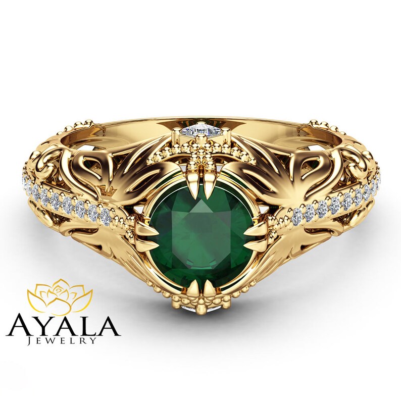 Emerald Art Nouveau Engagement Ring 14K Yellow Gold Filigree Etsy