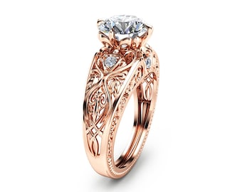 14K Rose Gold Grown Diamond Engagement Ring Art Deco Styled Eco Diamond Ring Unique Design Man made Diamond wedding Ring
