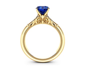 Blue Sapphire Engagement Ring / 14k Gold Blue Sapphire Ring for Women / Unique Blue Gemstone Ring / Alternative Vintage Engagement Ring
