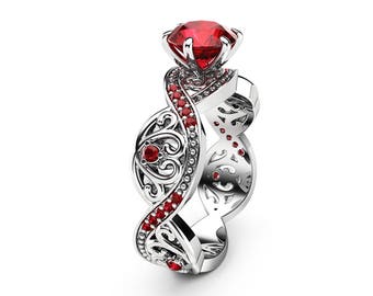 Swirled Ruby Engagement Ring White Gold Unique Filigree Ring