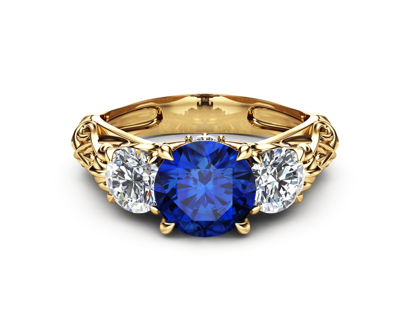 Three Stone Sapphire Engagement Ring Unique Engagement Ring in Etsy