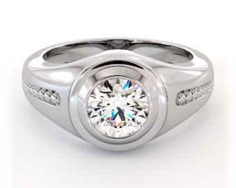 Modern White Gold Men’s Engagement Ring with Lab Diamond