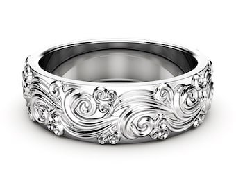 14K White Gold Mens Wedding Band: Unique Floral Ring