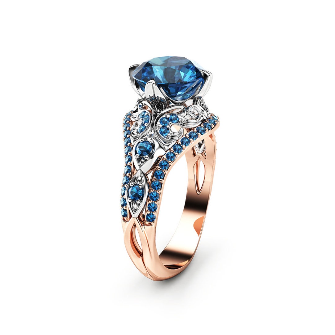 Vintage Blue Diamond Engagement Ringtone Unique 14K Two Tone Gold Ring