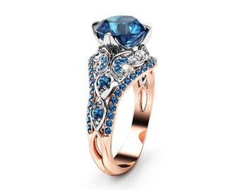 Vintage Blue Diamond Engagement Ringtone Unique 14K Two Tone Gold Ring With Blue Diamonds