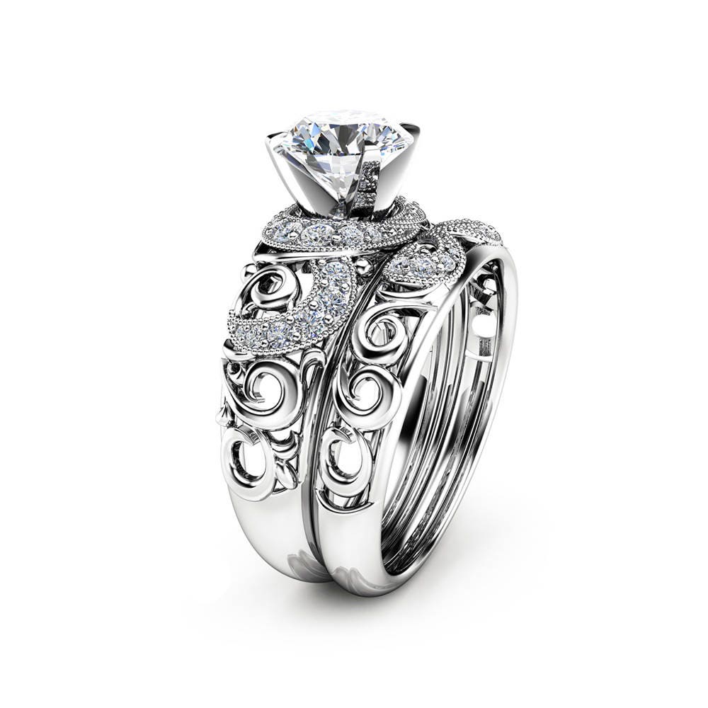 14K White Gold Moissanite Bridal Set Unique Engagement Rings Etsy