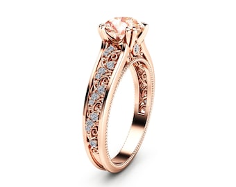 Special Reserved - Luxury 1.50 carat Pink Morganite Diamonds Engagement Ring Vintage Prongs Milgrain Art Deco Floral Textured Ring (K.B)