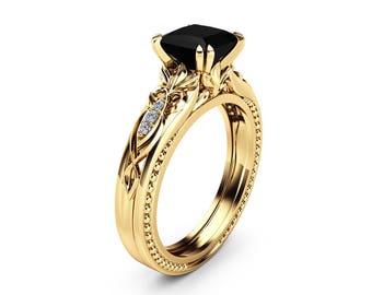 Black Diamond Victorian Engagement Ring 14K Yellow Gold Milgrain Ring Princess Black Diamond Engagement Ring