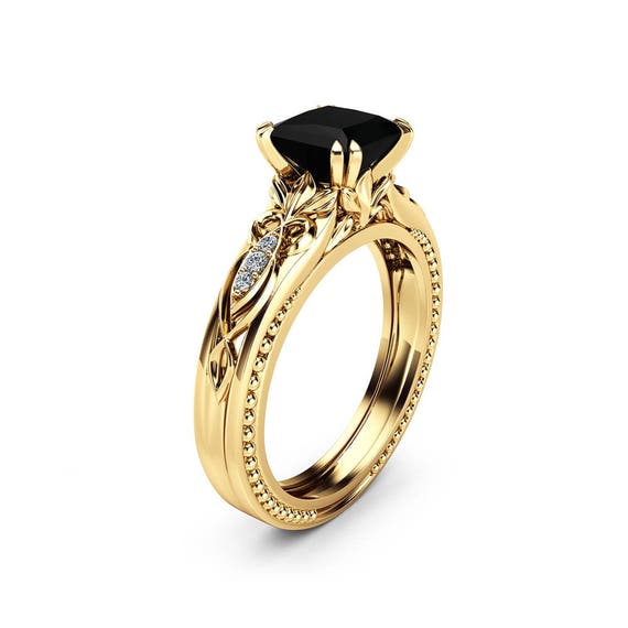 Black Diamond Victorian Engagement Ring 14K Yellow Gold Milgrain Ring  Princess Black Diamond Engagement Ring -  Canada