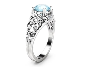 Natural Aquamarine Engagement Ring Solid 14K White Gold Ring Unique Vintage Filigree Ring