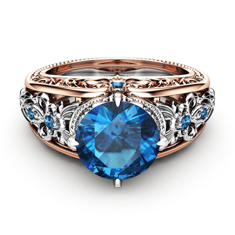 Blue Diamond Engagement Ring Unique Two Tone Gold Ring Vintage Etsy