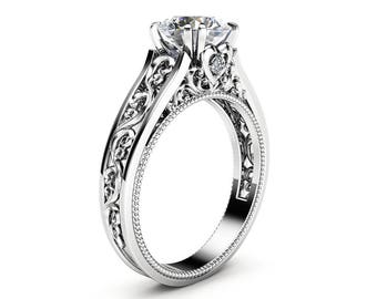 Unique Filigree Design Moissanite Ring 14K White Gold Milgrain Engagement Ring