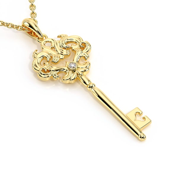 Diamond Key Vintage Inspired Pendant 14K Gold Necklace Fine Etsy