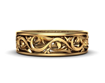 Filigree Wedding Men Band Art Deco 14K Yellow Gold 7mm