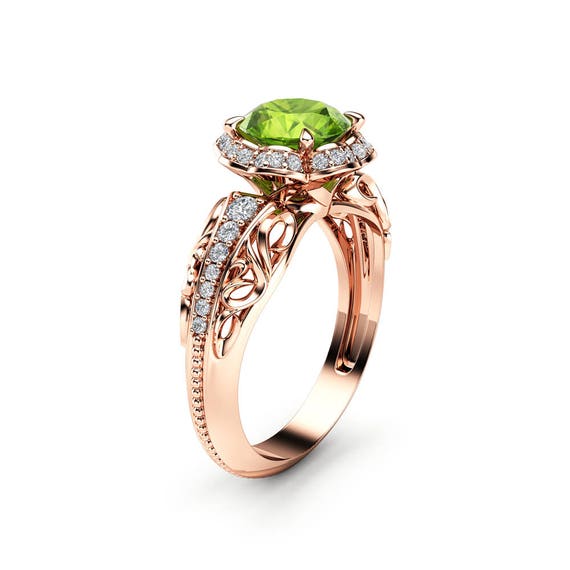 Peridot Halo Engagement Ring 14K Rose Gold Peridot Ring August | Etsy