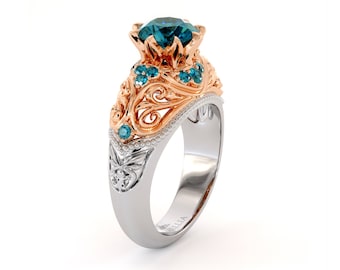 Royal Blue Diamond Engagement Ring Unique Art Nouveau Milgrain Filigree 2 Tone Gold Ring Diamonds Engagement Ring