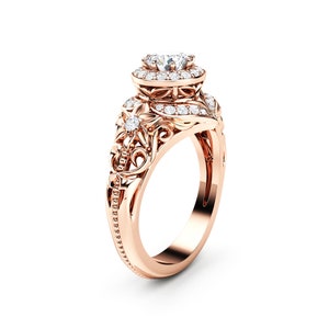 Floral Lab Diamond Engagement Ring: 14K Rose Gold Halo