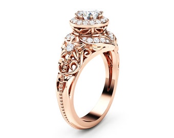 Floral Vintage Diamond Engagement Ring Halo 14K Rose Gold Lab Diamond Ring