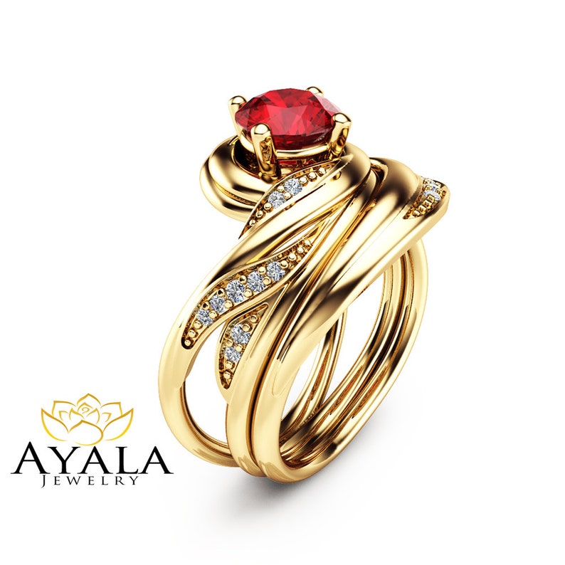 Unique Design Ruby Wedding Ring Set in 14K Yellow Gold Ruby - Etsy