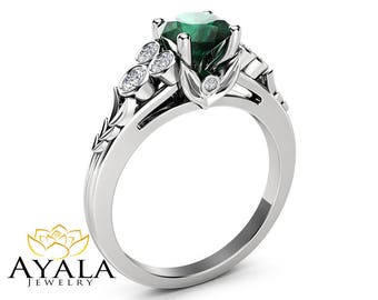 Natural Emerald Engagement Ring Unique Leaves 14K White Gold Ring 1 Ct. Emerald Ring