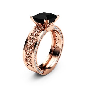 Rose Gold Princess Shape Black Diamond Anniversary Ring Textured Art Deco Vintage Ring Handmade Jewelry 14K Rose Gold