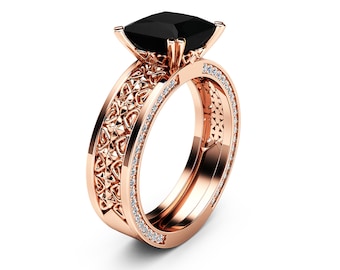 Rose Gold Princess Shape Black Diamond Anniversary Ring Textured Art Deco Vintage Ring Handmade Jewelry