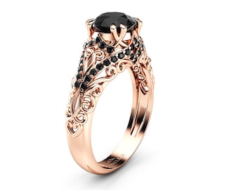 Black Diamond Engagement Ring 1 Ct Round Cut Diamond wedding ring 14K Rose Gold Band