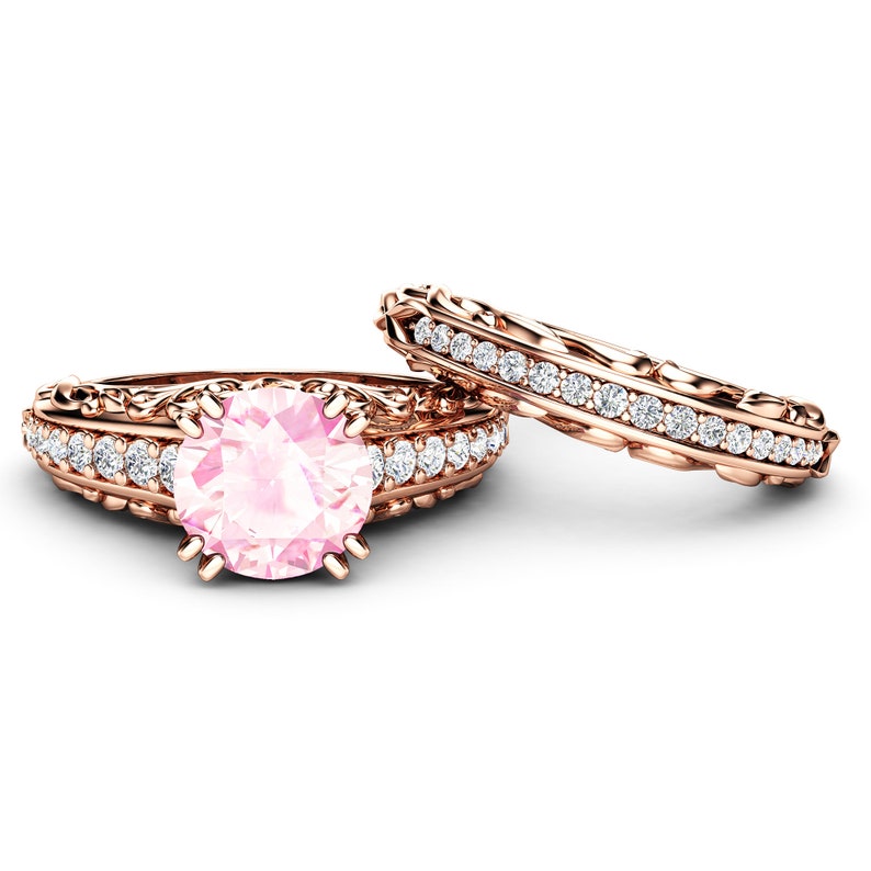 Pink Moissanite Engagement Ring and Wedding Band 14K Rose Etsy