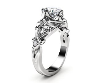 White Gold Ring Vintage Engagement Ring Moissanite Engagement Ring