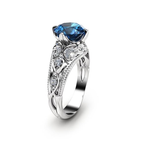 Blue Diamond Ring Unique Engagement Ring 14K White Gold Ring | Etsy