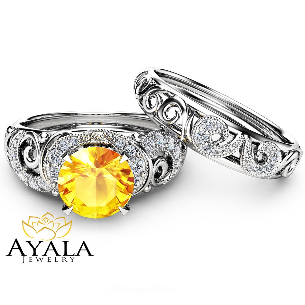 Gemstone Engagement Ring Set 14K White Gold Rings Yellow Etsy