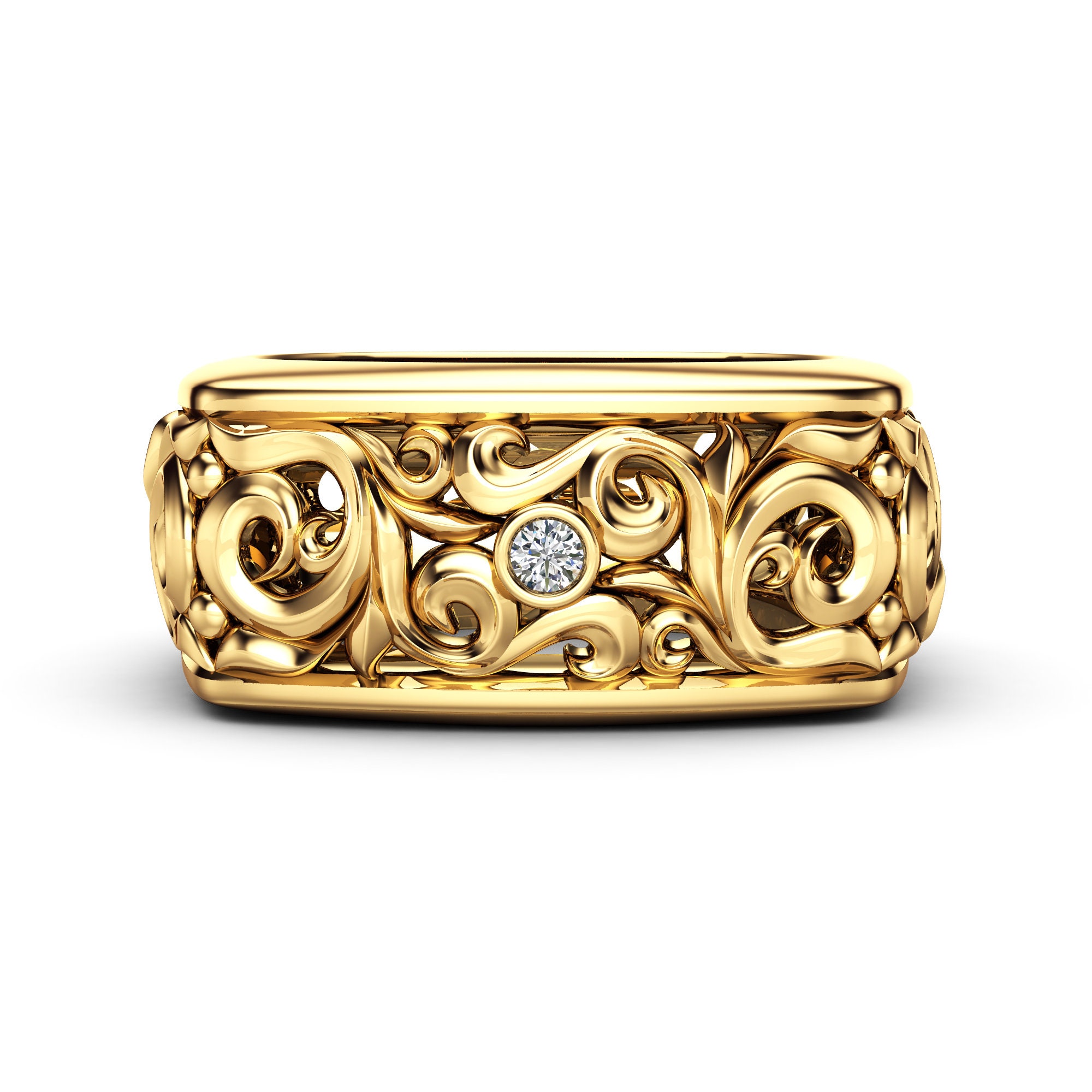 14K Gold Diamond Mens Wedding Band: Vintage Filigree Ring - Etsy 14K Gold Diamond Mens Wedding Band: Vintage Filigree Ring - Etsy