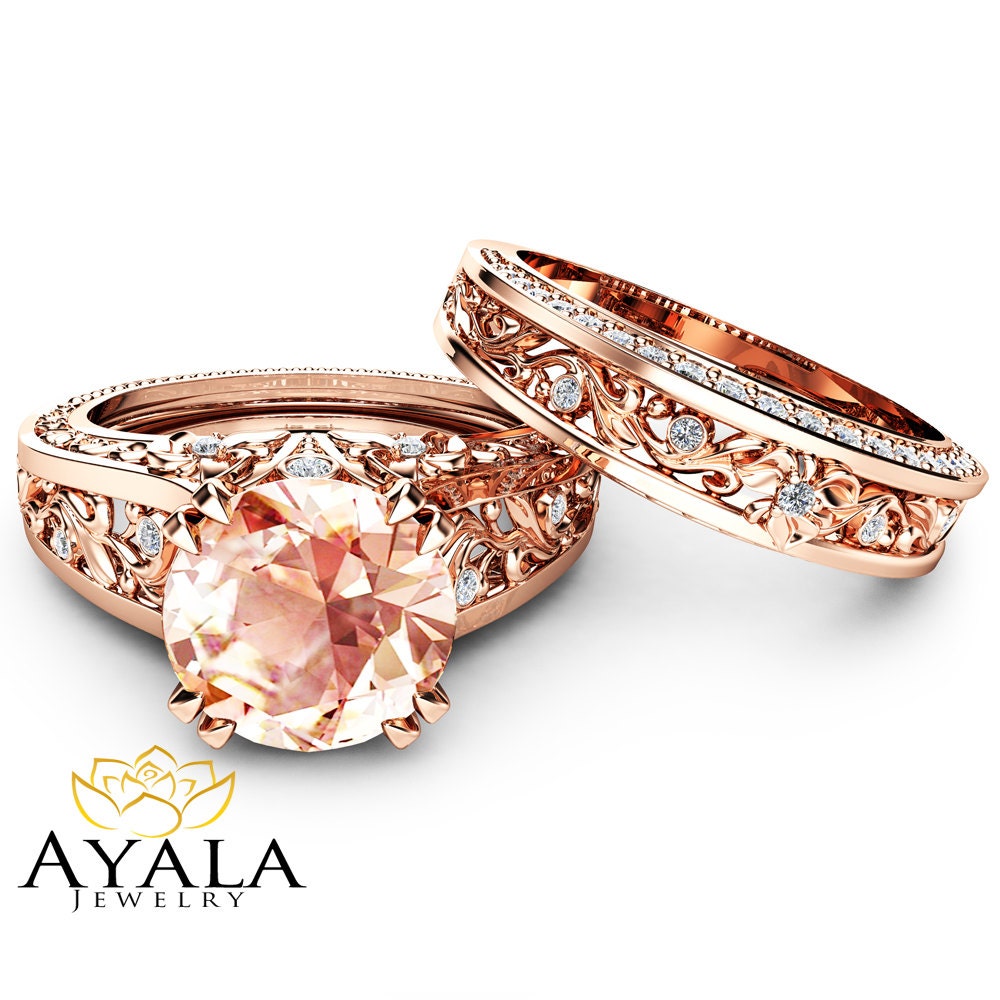 Rose Gold Morganite Engagement Ring Set Unique 2 Carat Morganite