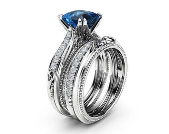 Princess Cut Natural Blue Topaz Ring Set 14K White Gold Bridal Set