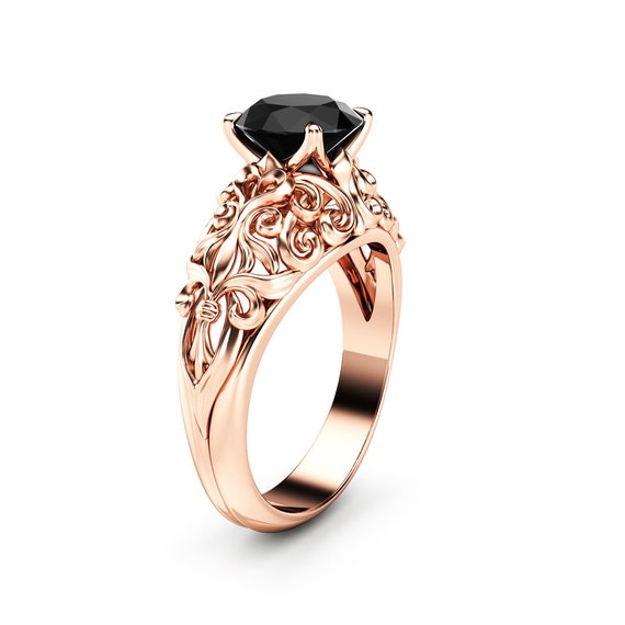 Black Diamond Engagement Ring 14K Rose Gold Solitaire Ring | Etsy