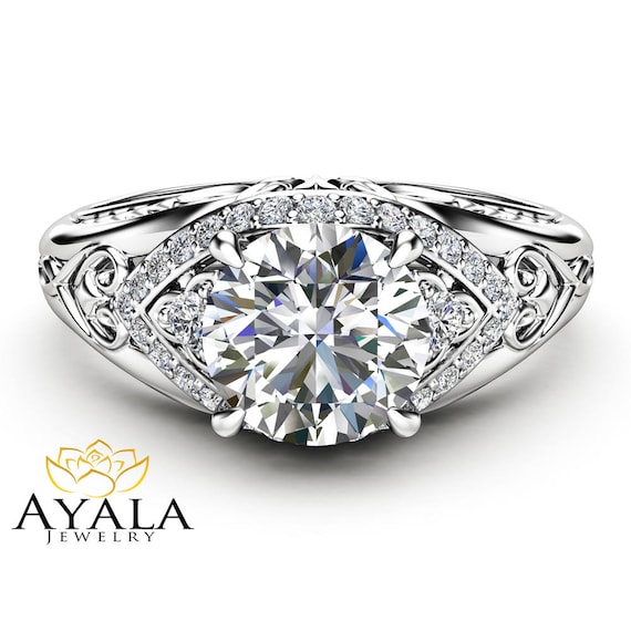 Unique Art Deco Moissanite Engagement Ring 14K White Gold Ring
