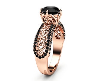 Black Diamond Engagement Ring Unique 14K Rose Gold Ring Art Deco Engagement Ring