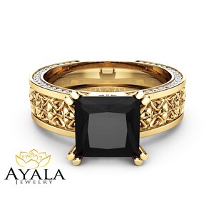 Rose Gold Princess Shape Black Diamond Anniversary Ring Textured Art Deco Vintage Ring Handmade Jewelry image 4