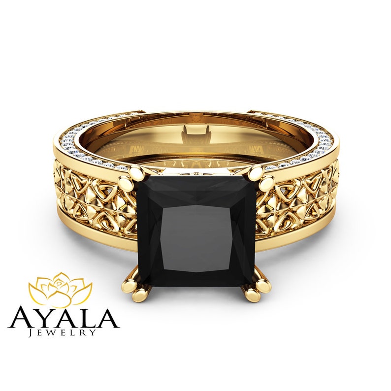 Rose Gold Princess Shape Black Diamond Anniversary Ring Textured Art Deco Vintage Ring Handmade Jewelry image 4