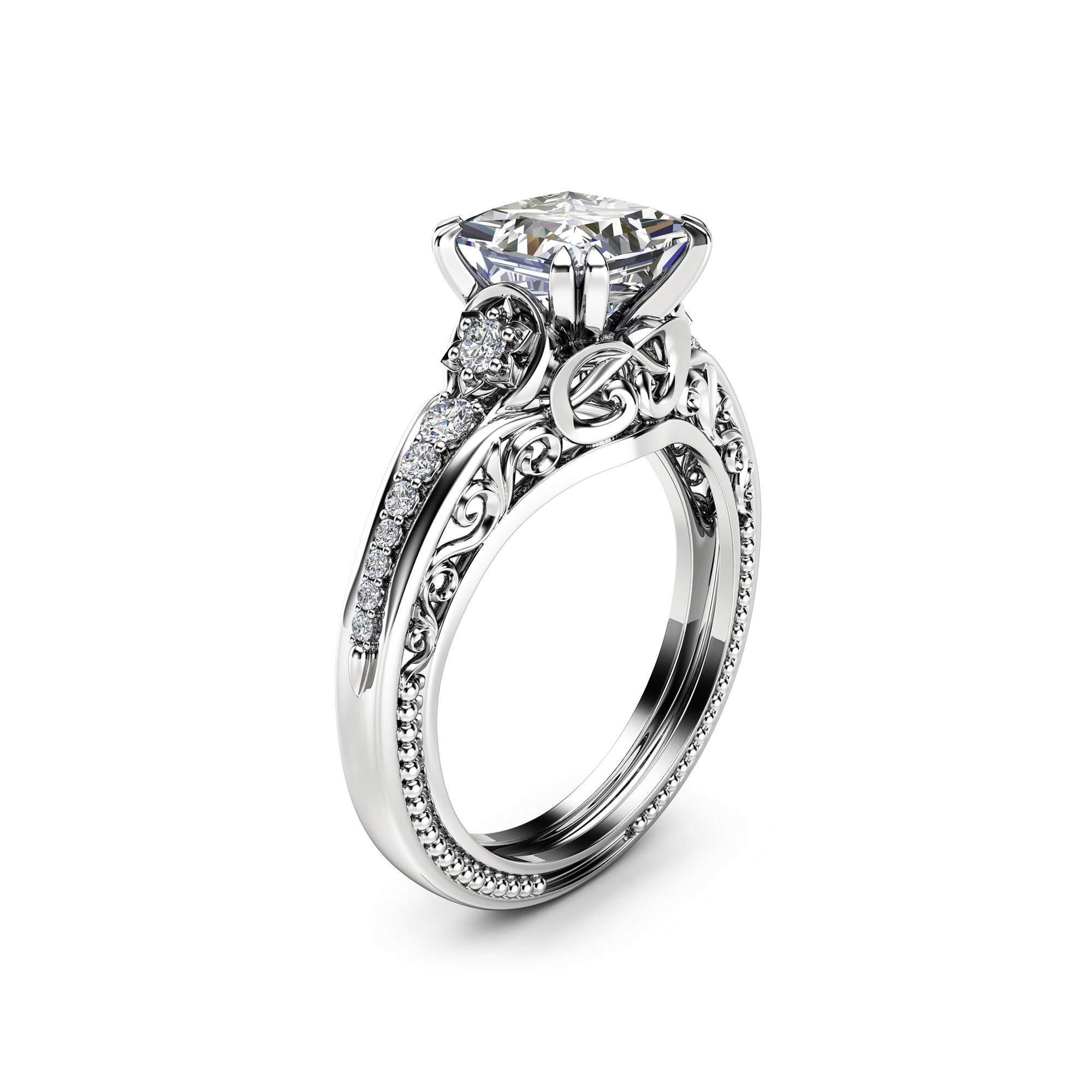 Square Moissanite Engagement Ring 14K White Gold Filigree Ring | Etsy