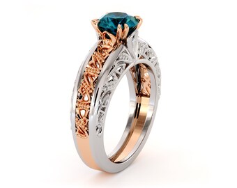 Majestic Round Blue Diamond Engagement Ring 2 Tone Gold Handmade Ring Royal Anniversary Gift