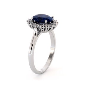 Oval Lab Sapphire Halo Engagement Ring: 14K White Gold Diana Style