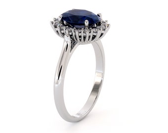 Blue Lab Sapphire Engagement Ring - Royal Halo Oval Cut Diamond Surround 14K White Gold